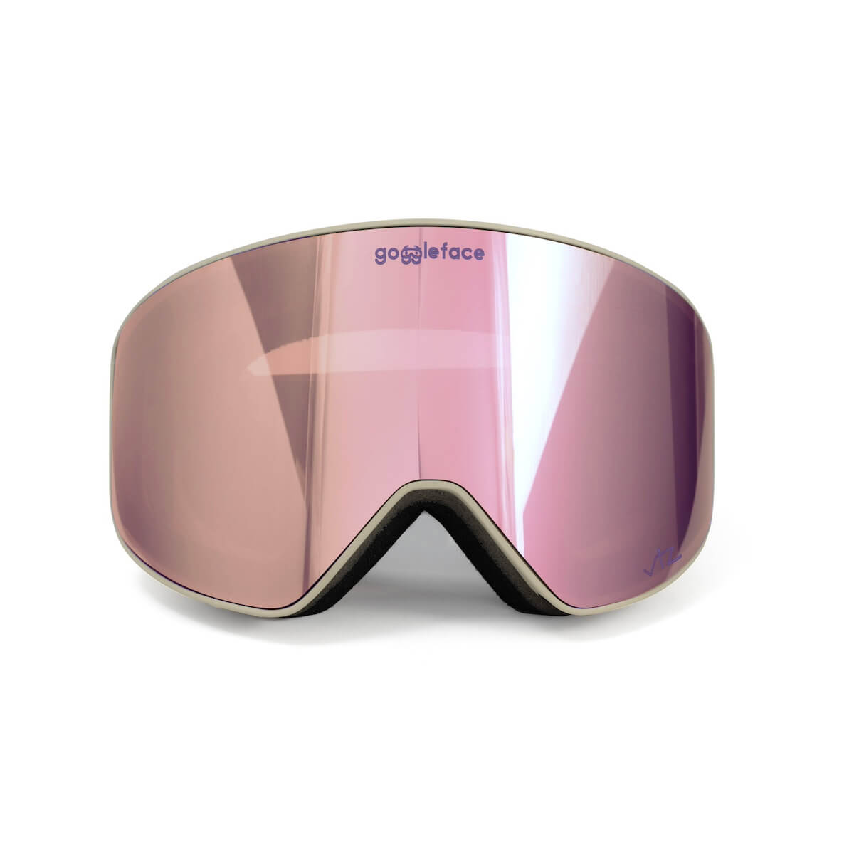 A pair of sleek, frameless skiing goggles with a mirrored pink lens. The Straight Line | Alpine Retro goggles feature a dark foam-lined interior for comfort, and the brand name "Goggleface" is written near the top center of the lens, making them perfect for your next winter adventure.