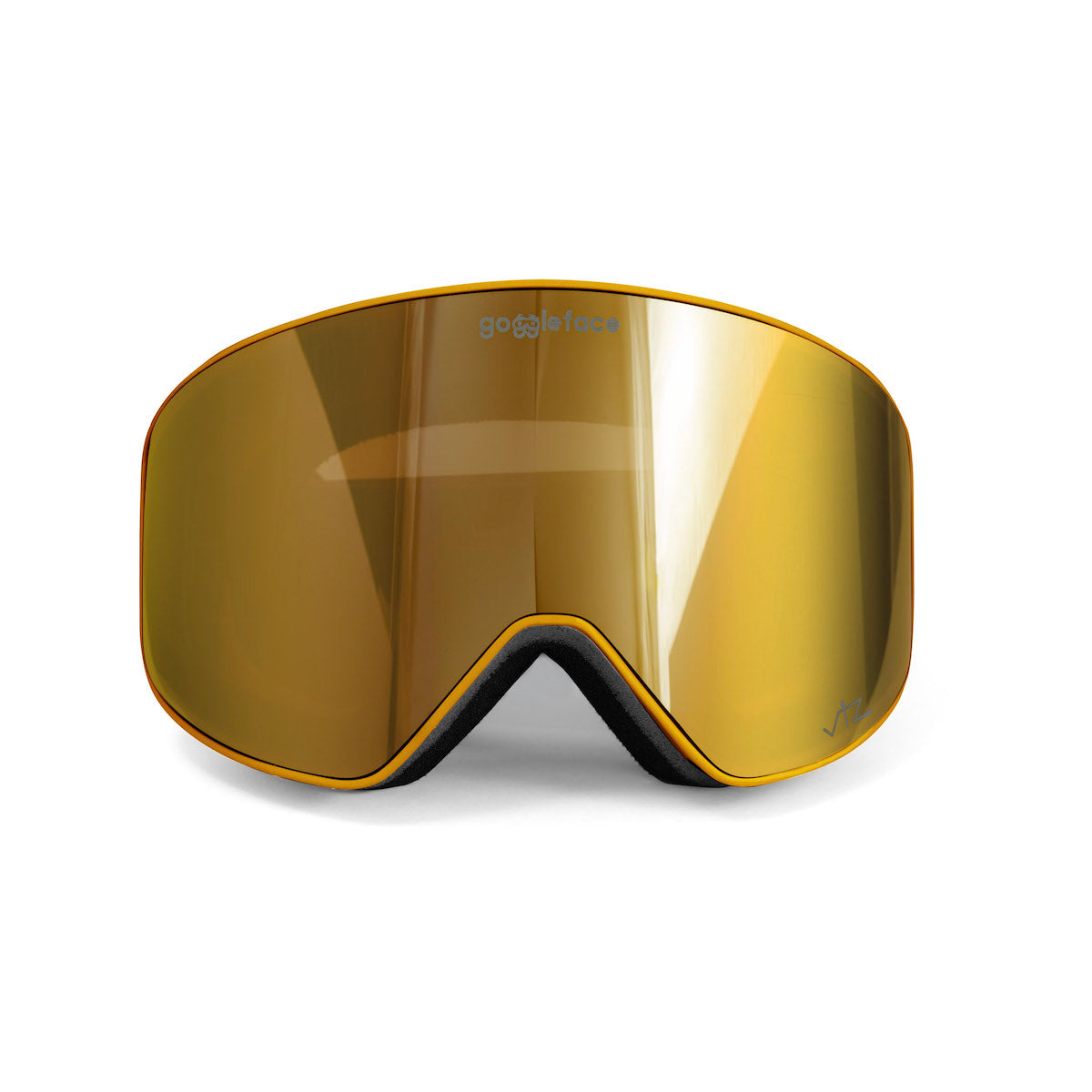 A pair of yellow-tinted, wraparound ski goggles with a wide, frameless design. Perfect for your winter adventure, the lenses are reflective and the black foam padding ensures comfort. Branded "Goggleface" at the top, these limited Gold Rush edition snow goggles from their Straight Line collection are exclusively yours to own.