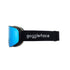 A pair of Straight Line | Black Snow Goggles from Goggleface, featuring a blue reflective lens and a black strap. The strap is designed with "Goggleface" written in white, along with a small drawing of goggles and a face between the words. Perfect for tackling the slopes, these side-viewed goggles ensure both style and functionality.