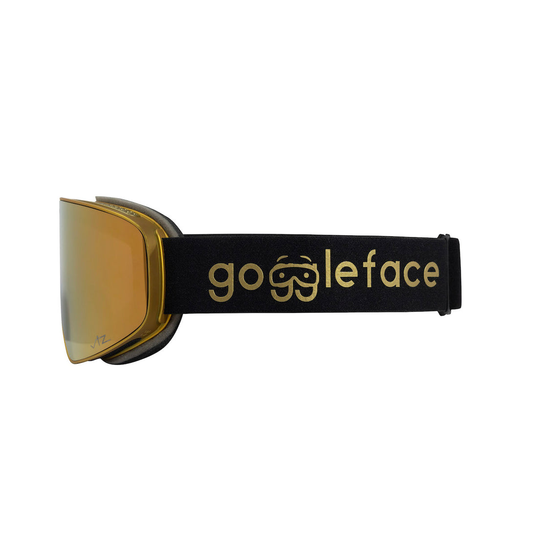 Side view of a pair of ski goggles with a black strap. The strap has the brand name "Goggleface" in gold lettering. The goggles, perfect for your winter adventure, feature a reflective, golden-brown lens. Exclusively yours, these limited Snow Goggles - Straight Line | Gold Rush are both stylish and functional.