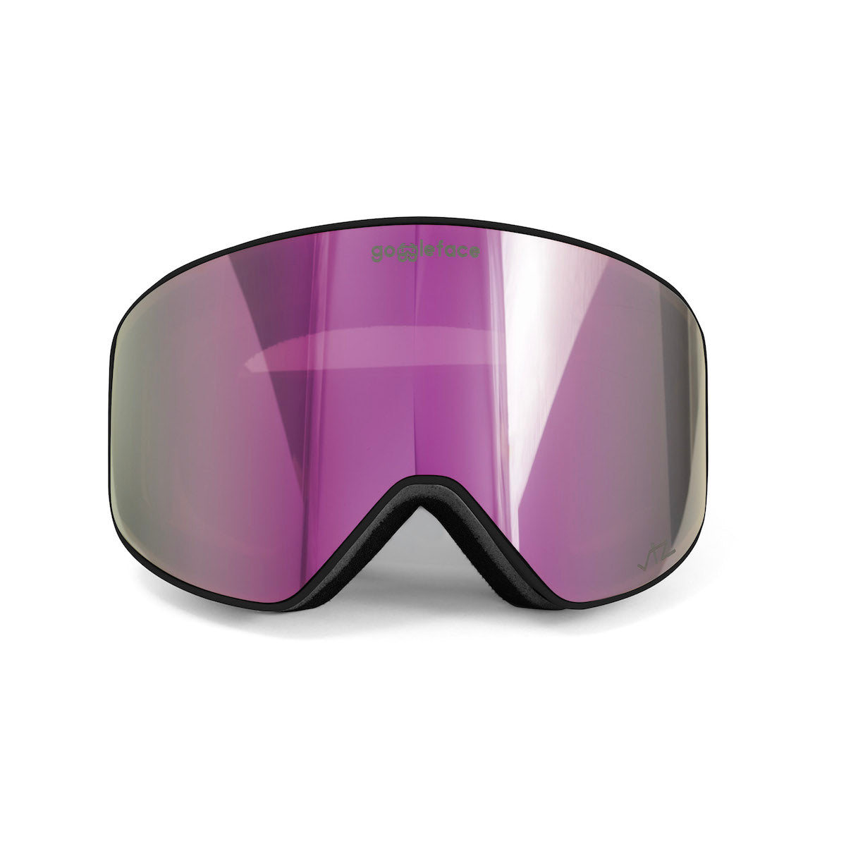 A pair of Goggleface Straight Line | Black snow goggles featuring a sleek, reflective pink lens and a black frame. The gradient effect transitions from darker at the top to lighter at the bottom. Perfect for the slopes, "gogglesoc" is printed near the top center of the lens.