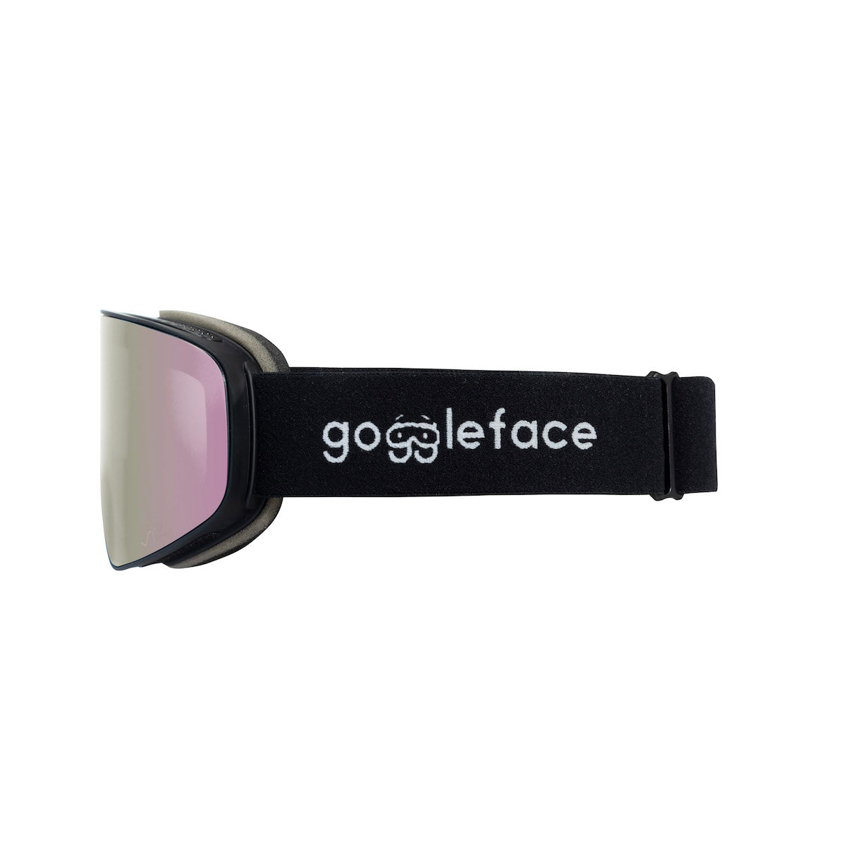 A side view of a pair of Straight Line | Black snow goggles from Goggleface, featuring a black strap adorned with the white "Goggleface" logo and text. The goggles boast a sleek, reflective lens and a frame designed to fit snugly around the eyes, ensuring protection and visibility as you rock the slopes.