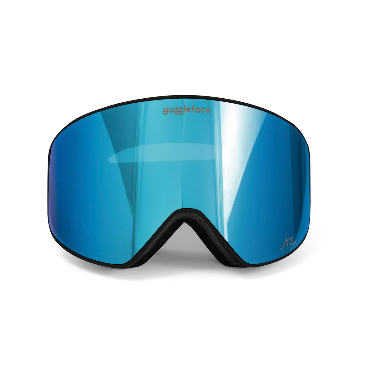 A pair of Goggleface Straight Line | Black snow goggles with a wide, reflective blue lens and black frame. The brand name "Goggleface" is printed at the top center of the lens in small letters. Perfect for tackling the slopes with style and clarity.
